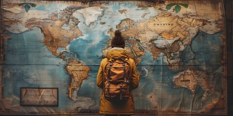 Woman Looking at a World Map with Backpack
