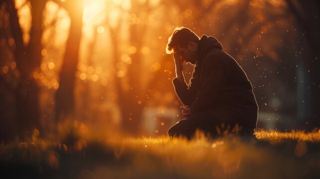 A man prays on his knees on the grass