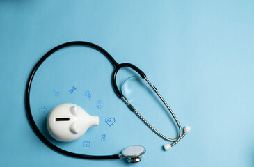 stethoscope, piggy bank, life insurance, investment for family, future and retirement.