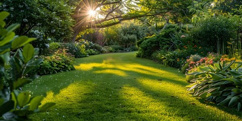 Obraz premium Sunny Garden Walkway with Lush Green Grass