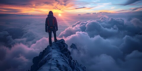Man Overlooking Sunset and Clouds from Mountain Peak - obrazy, fototapety, plakaty