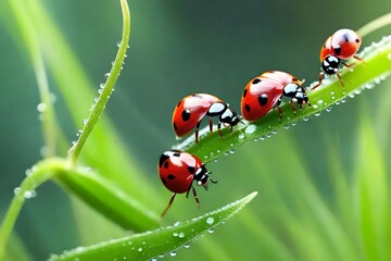Fototapeta premium Ladybugs family on a dewy grass. Close up with shallow.