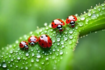 Obraz premium Ladybugs family on a dewy grass. Close up with shallow.
