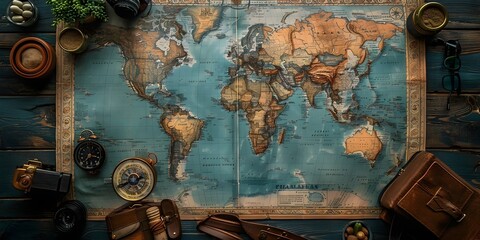 Vintage World Map with Travel Accessories