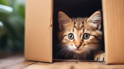 A cat peeks out of a cardboard box a cute cat