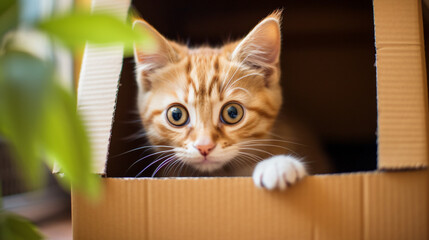 A cat peeks out of a cardboard box a cute cat