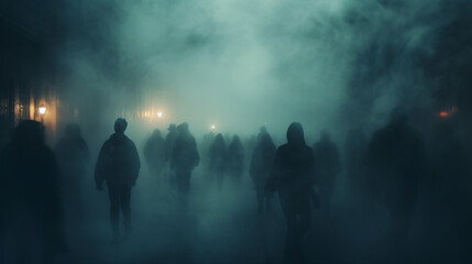 A crowd of people in blurry motion in the fog 