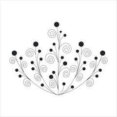 Black silhouette of a plant branch. Flower branch in outline style hand drawn on isolated white background. Vector stock illustration. Tropical leaves. Minimal line art for print, cover or tattoo. 