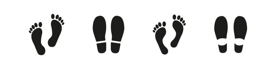 Foot print sign. Human footprint icon. Shoe step vector symbol. Barefoot walk isolated on white background. Man imprint silhouette set.