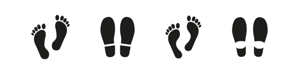 Fotobehang Foot print sign. Human footprint icon. Shoe step vector symbol. Barefoot walk isolated on white background. Man imprint silhouette set. © Precious