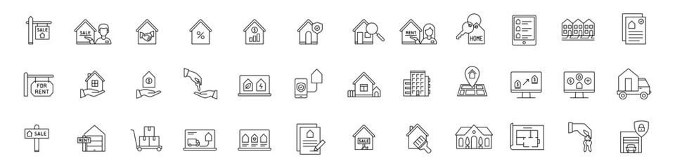 Real estate icon set. Realtor sign. House for sale. Home for rent. Appartment key icons isolated on white background.