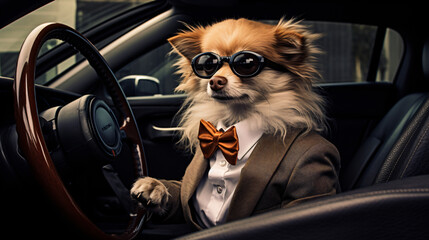 A dog in clothes is driving a car humor joke - obrazy, fototapety, plakaty