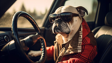 A dog in clothes is driving a car humor joke - obrazy, fototapety, plakaty