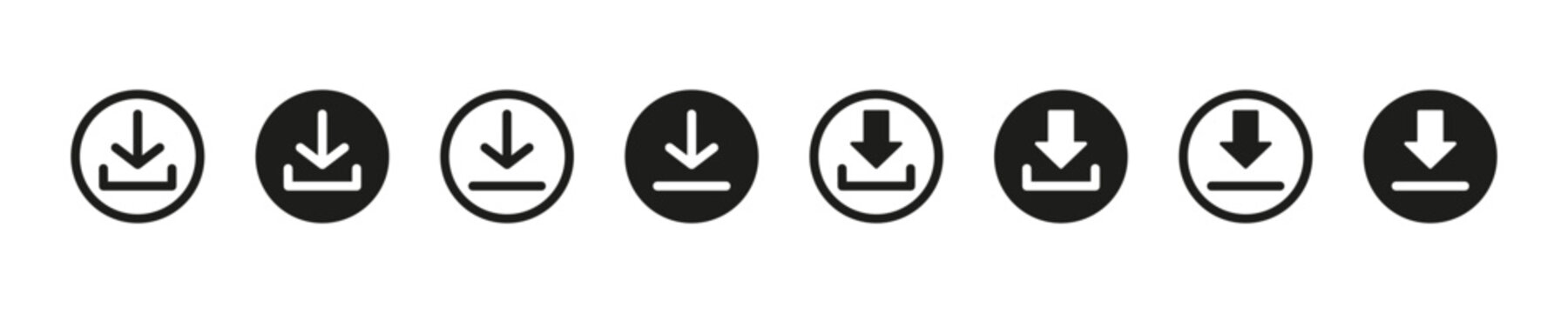 Download icon. Downloading button vector set. Down load sign in circle isolated on white background. Pash button to download.