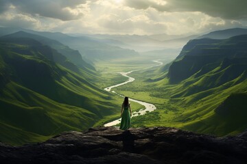 a woman standing on a mountain looking at a river - obrazy, fototapety, plakaty
