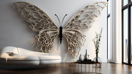 A huge butterfly on a white wall an element 