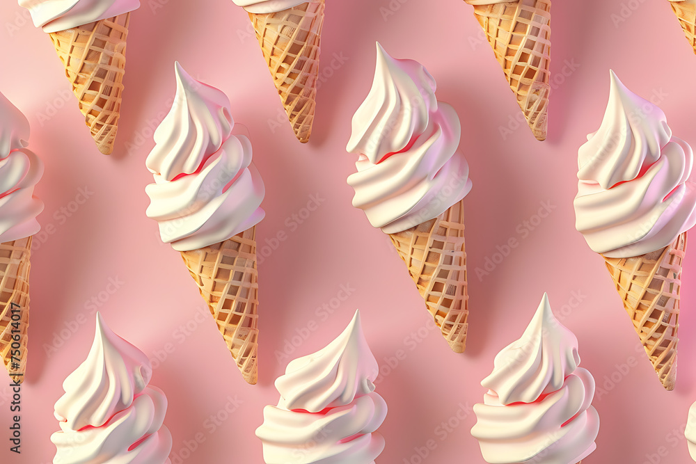 Poster delicious swirls of vanilla soft serve ice cream with a hint of strawberry on crispy waffle cones