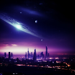 Obraz premium illustration of a meteor over the city. neon view of the city, the sky glows, planets and stars are visible. black and dark skyscraper city silhouette