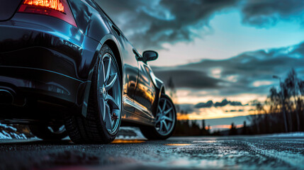 Selective focus on black car rear wheel. Exterior of modern car on the road at sunset. - obrazy, fototapety, plakaty