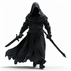 Shadowcaster Assassin: A shadowy figure cloaked in darkness. 3d render in minimal style isolated on white backdrop