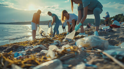 Volunteers cleaning a beach at sunset, showing environmental stewardship.