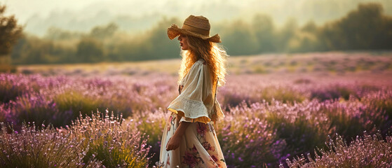 A happy woman in a straw hat standing in a lavender flower field