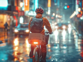 A courier navigating through busy city rainy streets on a bicycle to make timely deliveries