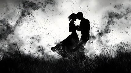 Black and White Silhouette of a Couple in a Grass Field