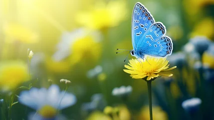 Zelfklevend Fotobehang A small blue butterfly on a background of yellow © Rimsha