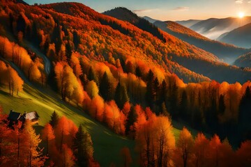 Colorful autumn morning in the Carpathian mountains. Sokilsky ridge. - obrazy, fototapety, plakaty