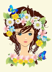 composition with spring girl, flowers and butterflies