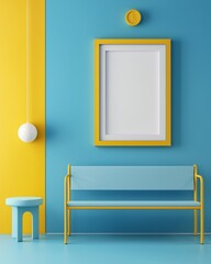 big empty frame, Urodynamic clinic, headline, 3d illustrative, minimalistic design , baby blue and yellow colors