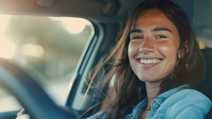 Obraz premium A young woman's joyful smile lights up the frame as she drives, soaking in the thrill of the open road.