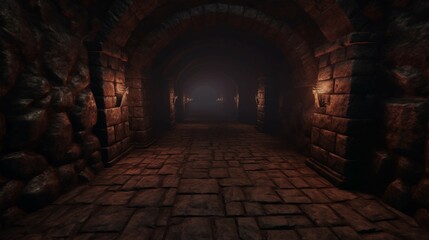 Scary endless medieval catacombs with torches. Mystical nightmare concept. 3D Rendering. - obrazy, fototapety, plakaty