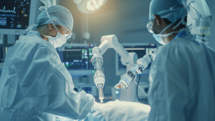 Surgeons in sterile scrubs and masks focus intently on a robotic-assisted surgery in a high-tech operating room.