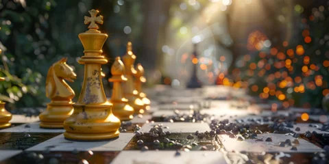 Fotobehang Chess game chess pieces on a board darck background,Gold and silver chess on chess board game for business metaphor leadership concept  © Jouni