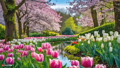 he garden is vibrant with clusters of pink and white tulips in full bloom, stretching across the foreground. The tulips have varying shades of pink, from pastel to bright, with white tips