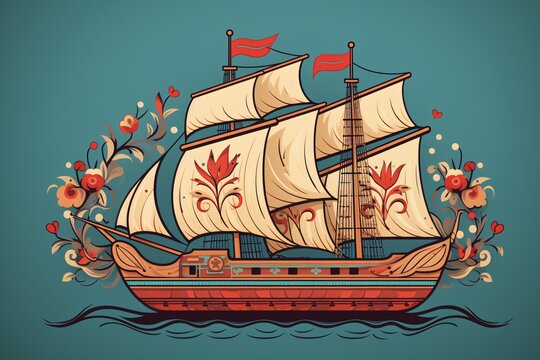 a painting of a ship with sails