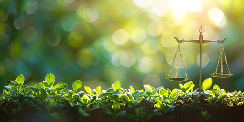 justice scale on green blur background - obrazy, fototapety, plakaty