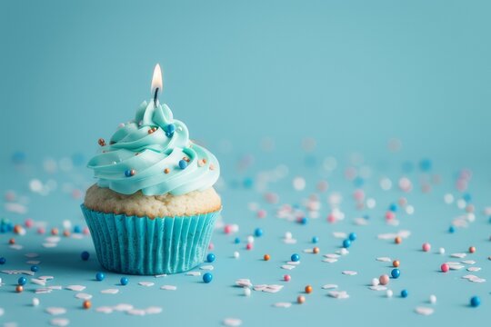 A birthday cake displayed on a pastel blue background, featuring a light and bright tone, exuding a cheerful and celebratory atmosphere