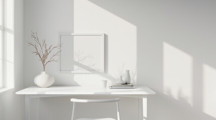 A white work desk has a white picture frame hanging on the left wall and a white vase. There is morning light from the window. white room interior generate ai
