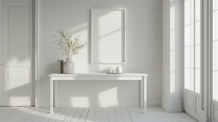 White room inside the house There is a table with vases and a wall with pictures. generate ai