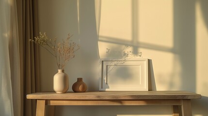 Evening light shines on a warm white room. generate ai