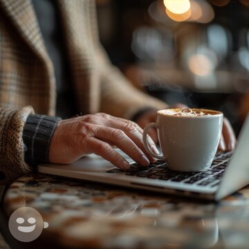 Entrepreneurial Spirit: Close-up of a person's hands typing on a laptop with a coffee cup, capturing the essence of entrepreneurship