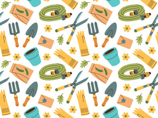 Seamless pattern of gardening items in hand drawn style. Agricultural and garden tools for spring work.
