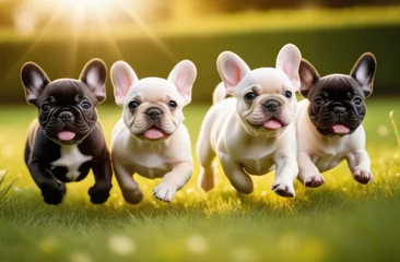Foto op Canvas Cute French Bulldog puppies enjoying playtime running merrily across a green lawn. Puppy day, the joy of pets, dog walking. Domestic pets friendship © LivaLife