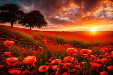 Zelfklevend Fotobehang red poppy field at sunset,Beautiful red poppies field at sunset. Nature composition. © MSohail