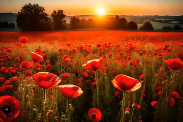 red poppy field at sunset,Beautiful red poppies field at sunset. Nature composition.