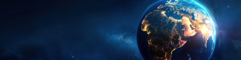 Earth with continents glowing in the darkness of space, symbolizing connectivity and the spread of civilization, perfect for discussions on global unity or as a striking visual for Earth Hour events. - obrazy, fototapety, plakaty