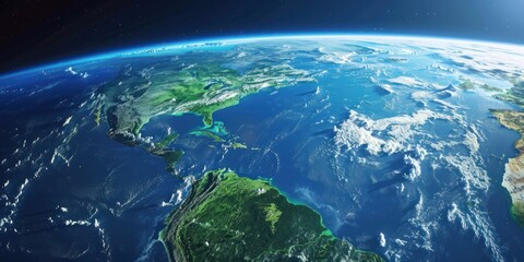Earth from space, highlighting the blue oceans and green landmasses, suitable for educational content or as a backdrop for events themed around global unity and environmental protection.